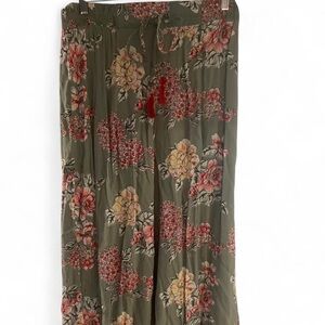 Angie Olive Floral Wide-Leg Pants with Pink and Yellow Blooms